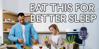 Couple preparing food in kitchen with text 