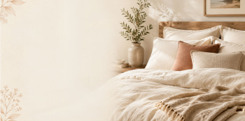 a bedroom with a crossfade beige colour and simplistic styling.