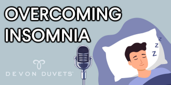 An illustration of a man sleeping peacefully, a microphone icon, and the Devon Duvets logo.