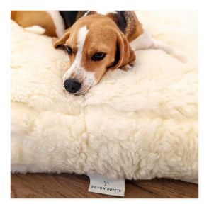 A happy dog enjoying comfort on a Luxury Wool Fleece Pet Bed, showcasing the natural, cosy materials of the bed.