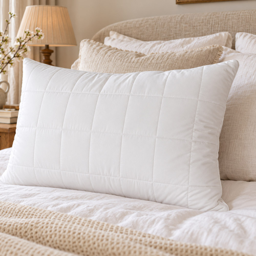 Handcrafted wool pillow on bed as lifestyle shot.