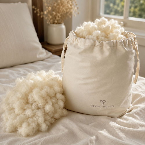 Reusable Devon Duvets cotton bag filled with British wool pillow top-up