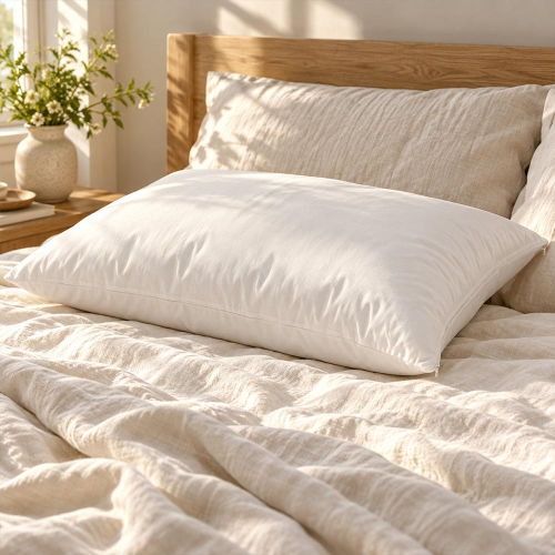 Original Adjustable Wool Pillow on a bed in morning sunlight