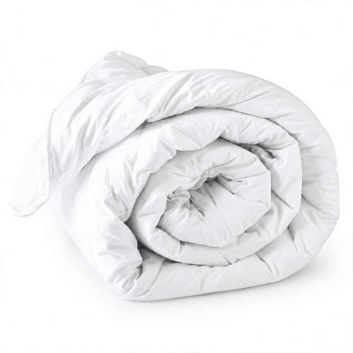 Devon Duvets Botanic Ultralight Duvet rolled on a white background, showing soft plant based summer bedding