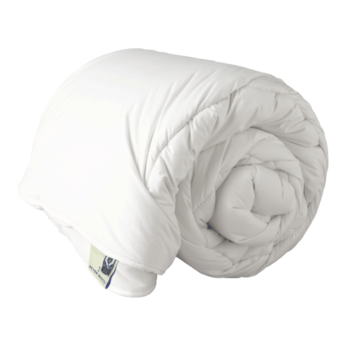 Luxury white wool duvet rolled up - handcrafted by Devon Duvets in the UK