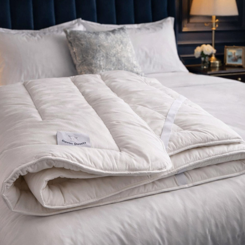 British wool mattress topper folded on white background