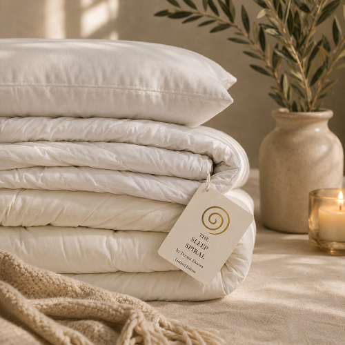 Stacked handcrafted wool pillows from The Sleep Spiral collection by Devon Duvets, shown in a calm bedroom setting with the signature spiral ritual tag.