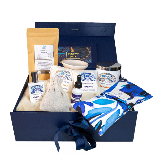 The Dream Box sleep-enhancing gift set with candles, lavender products, tea, and more in a keepsake box.