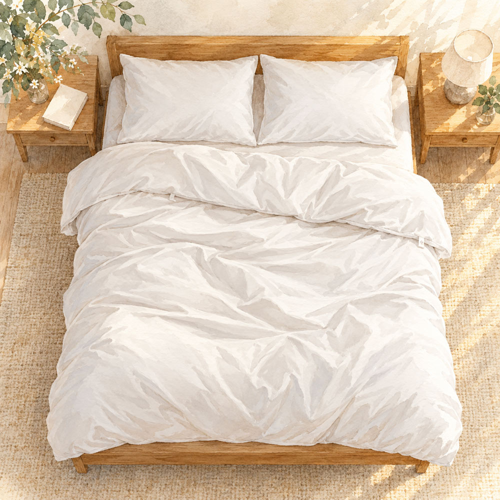 Overhead watercolour of a bed with two white pillows and a duvet spread evenly across both sides.