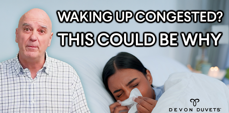 A man in a checked shirt speaking, alongside an image of a woman in bed holding a tissue and looking congested.