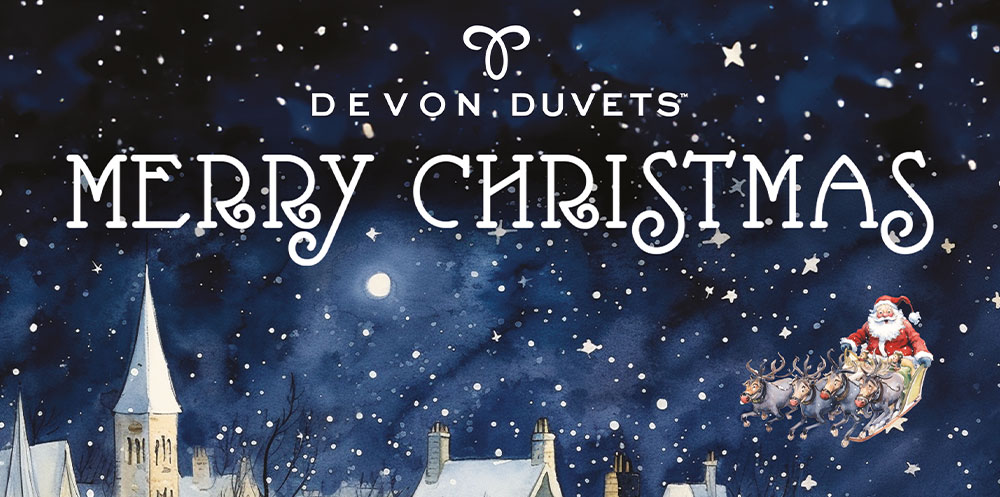 Illustration of Santa wishing everyone a Merry Christmas, representing Devon Duvets' festive spirit and warmth.