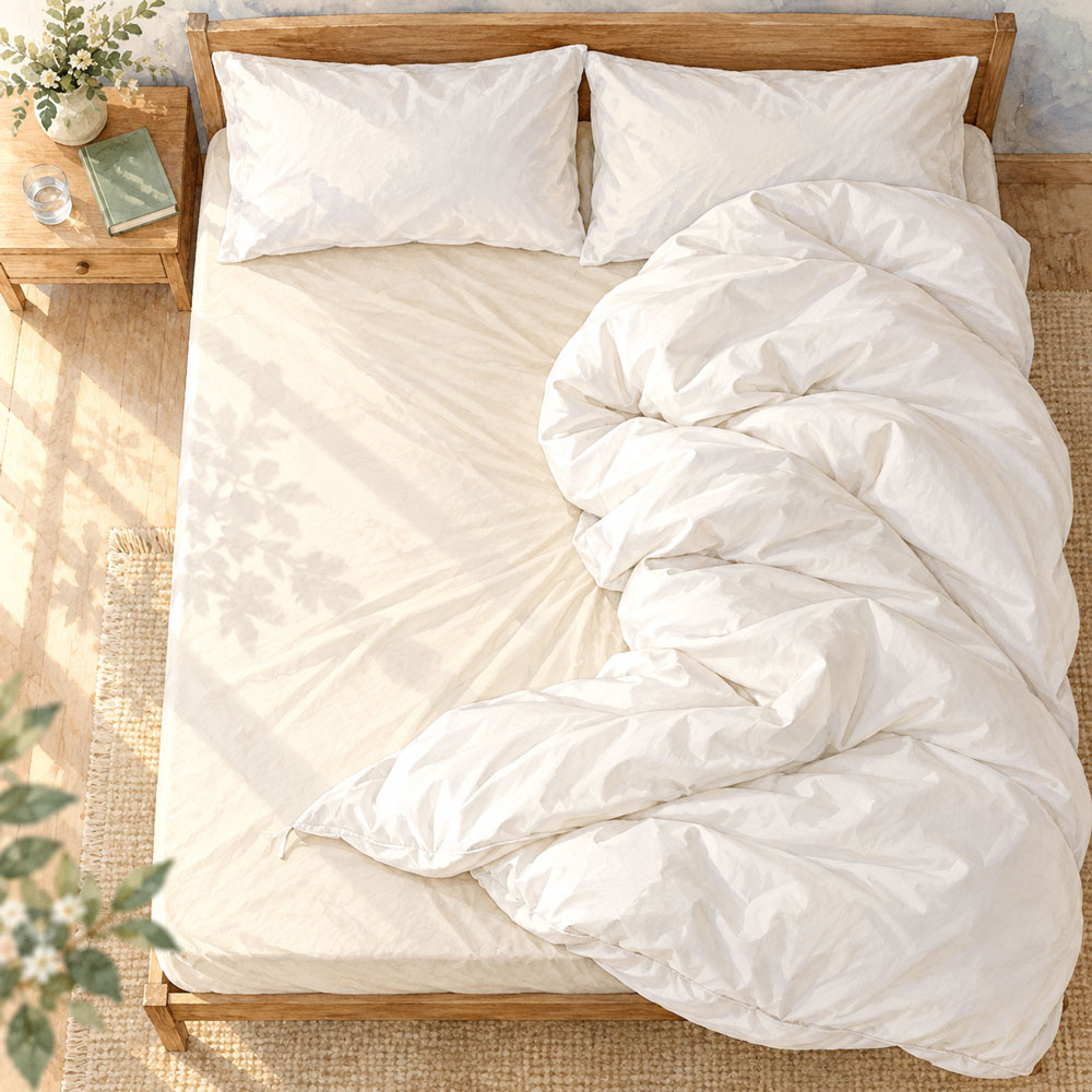 Overhead watercolour of a white duvet pulled to one side of an empty bed, exposing the sheet.