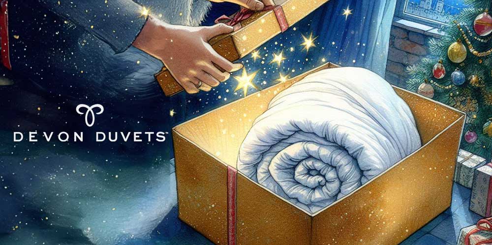 Illustration of a person joyfully unwrapping a gift to reveal a rolled-up white Devon Duvets wool duvet, symbolizing the comfort and luxury of gifting quality bedding.