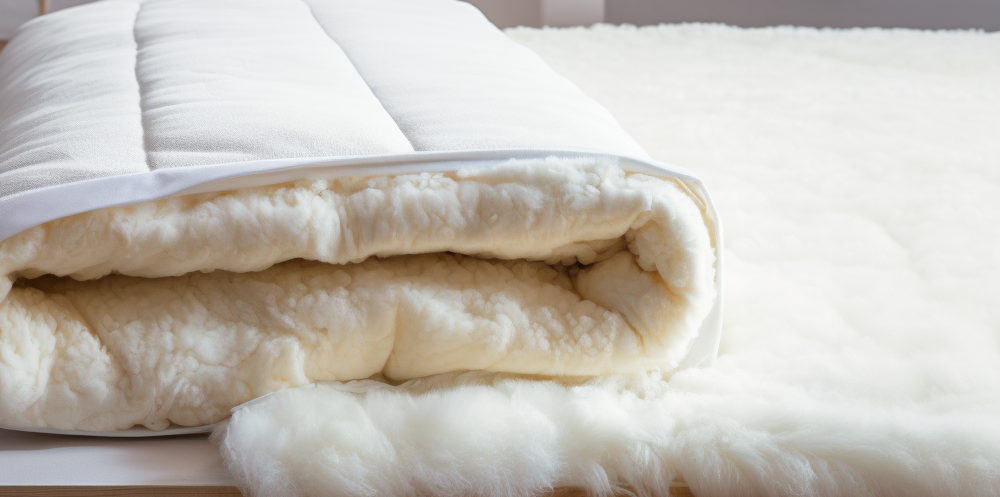 Close-up view of Devon Duvets' plush wool-filled mattress topper.