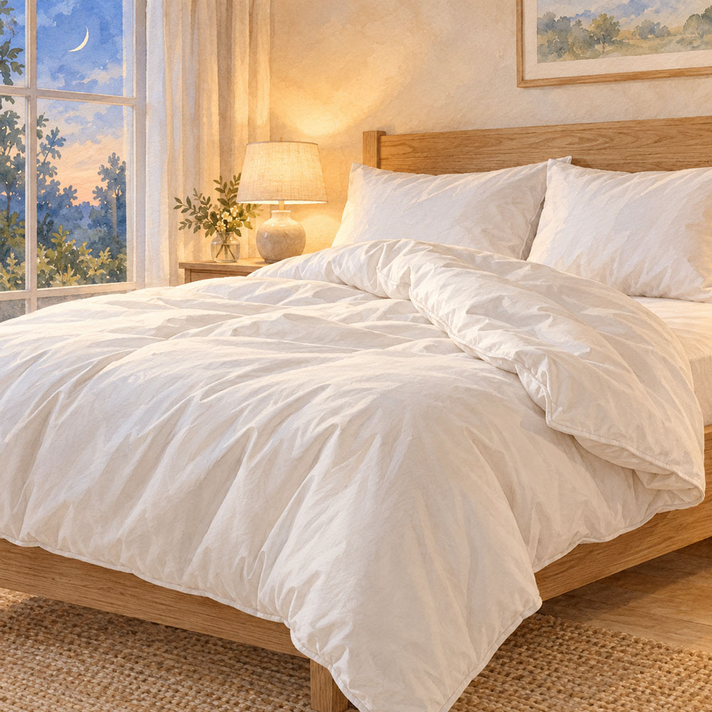 Watercolour of white bedding in a softly lit bedroom, with a crescent moon visible through the window.