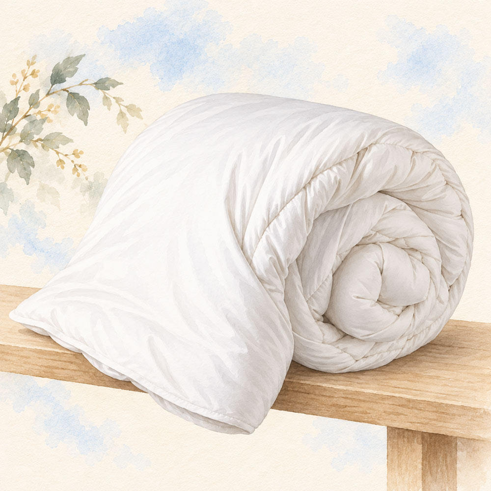 Watercolour of a rolled white wool duvet resting on an oak bench.