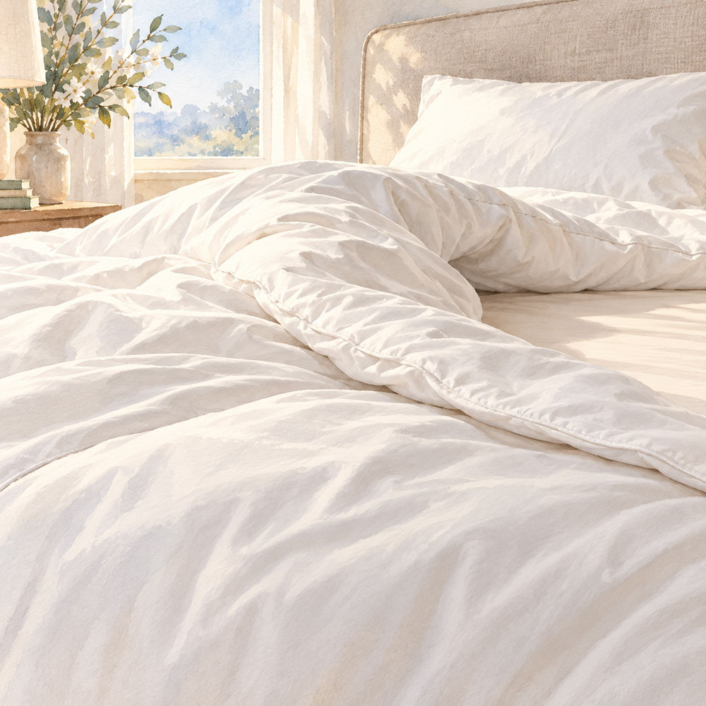 Watercolour close-up of a white duvet falling into soft folds on an empty bed.