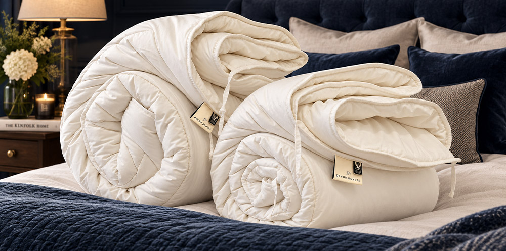 two devon duvets wool duvets rolled on a bed with a dark blue setting