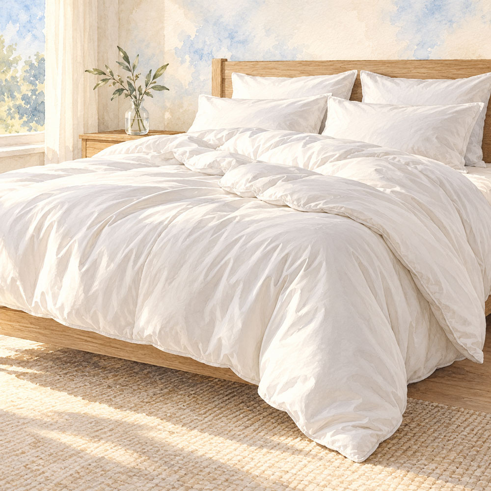 Watercolour of a white duvet draping towards the floor on an oak bed with four white pillows.