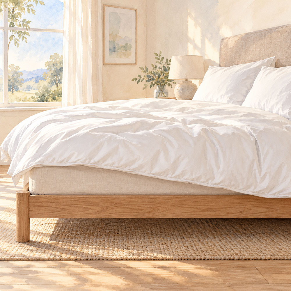 Watercolour of a white duvet with a short side overhang, leaving the mattress and oak bed frame visible.