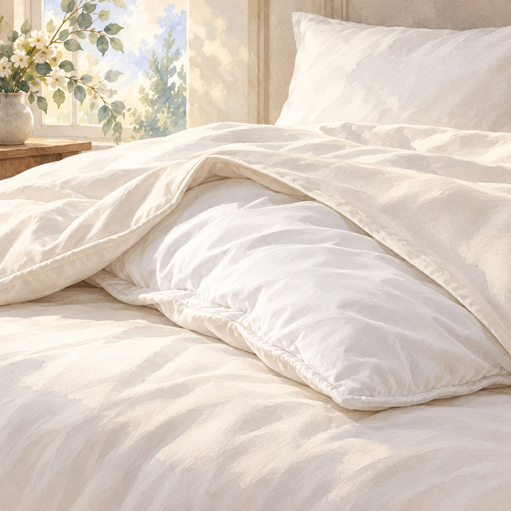 Watercolour close-up of an ivory duvet cover peeled back to reveal the white duvet inside.