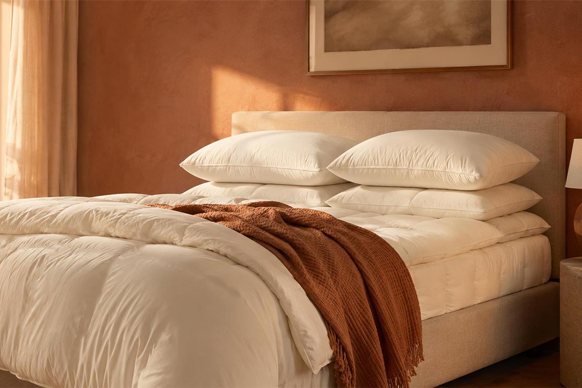 A calm bedroom arranged with natural bedding in soft neutral tones