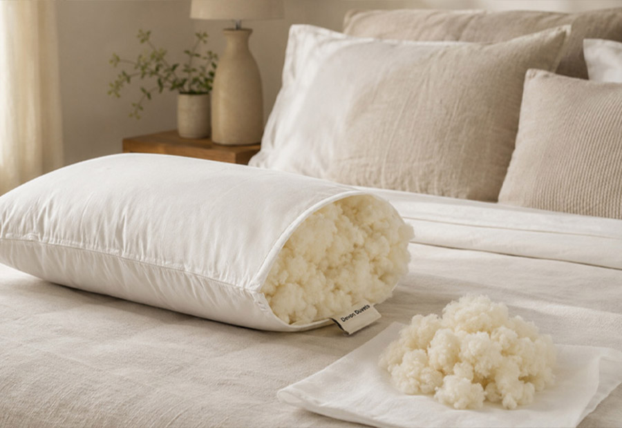 Loose wool filling removed from an adjustable pillow and arranged for airing.