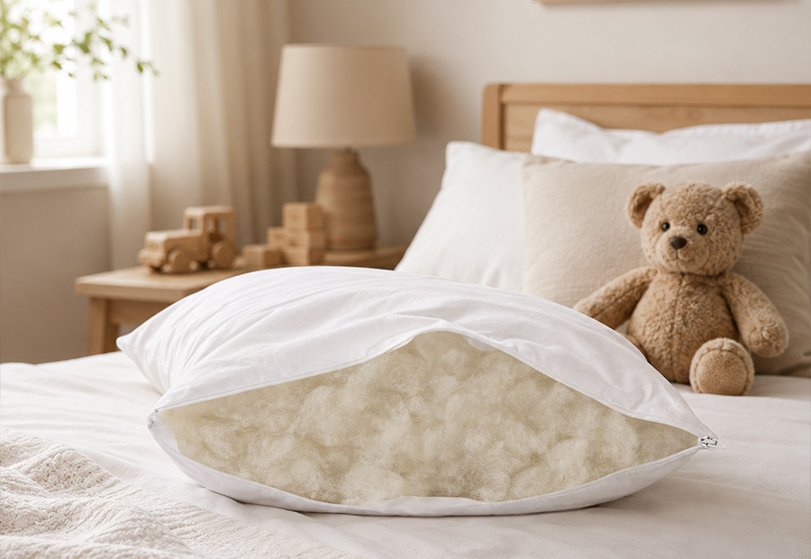 Adjustable wool pillow with some natural wool filling removed to create a lower height.