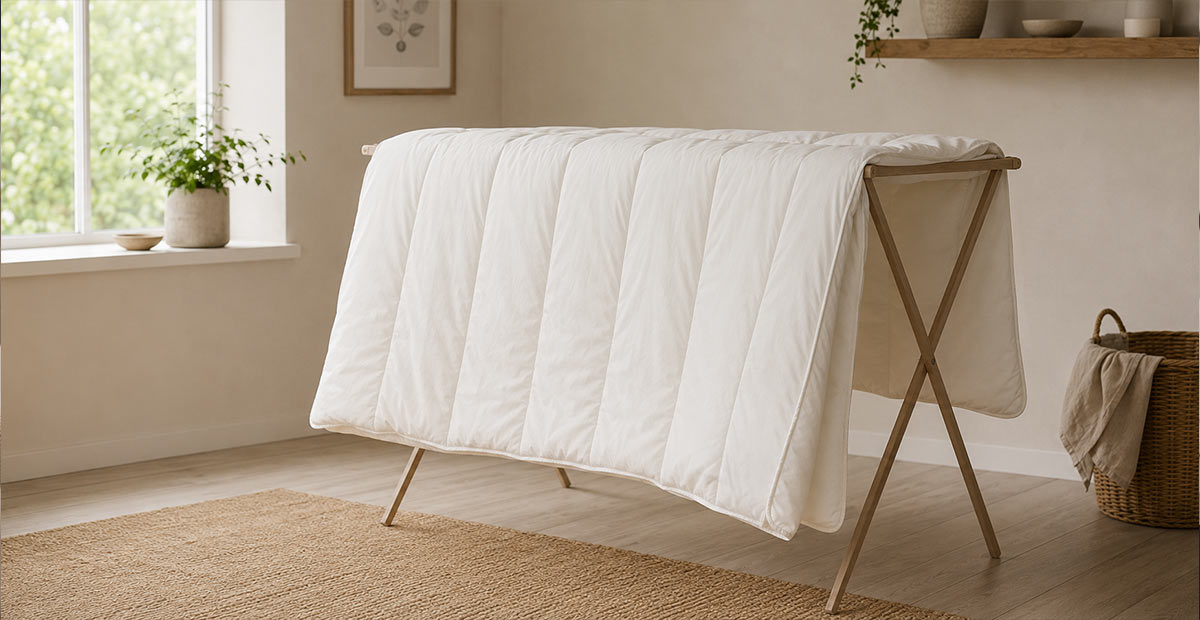 Wool duvet air drying naturally over a large clothes airer.