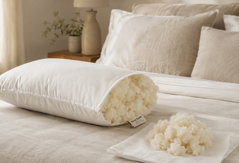 Loose wool filling removed from an adjustable pillow and spread out for airing.