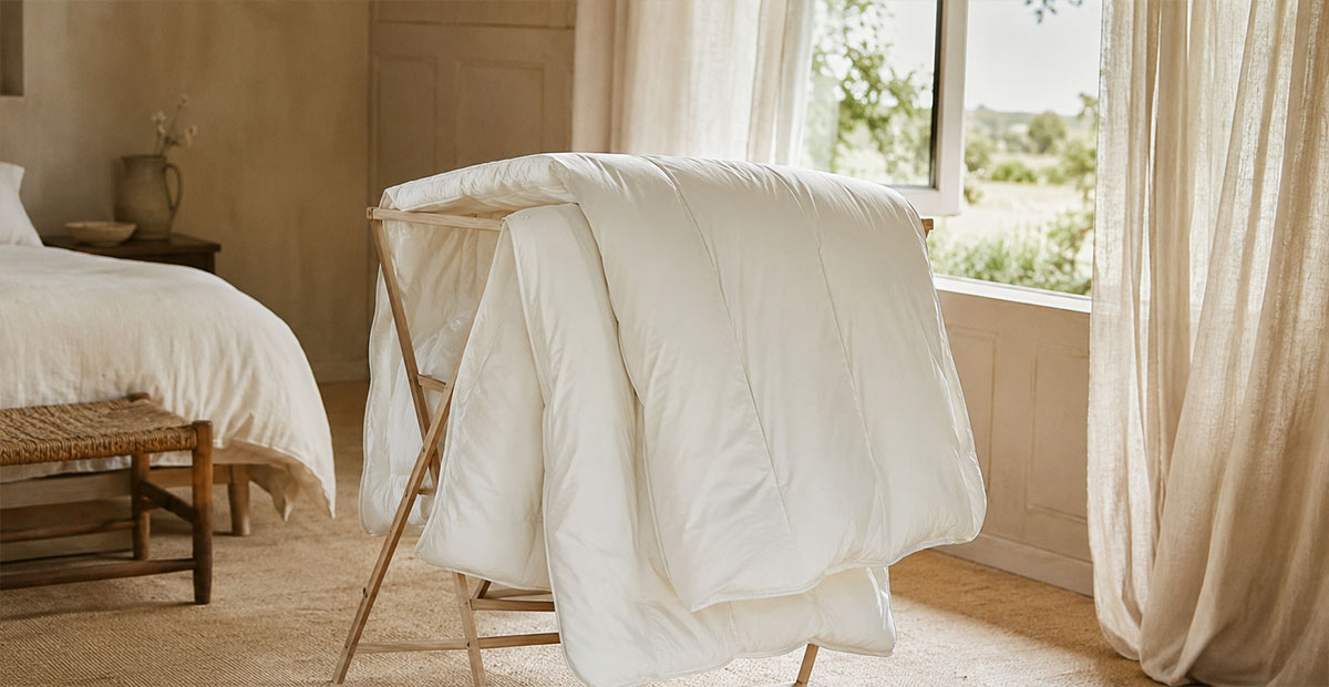 Wool duvet airing naturally over a clothes airer beside an open window.