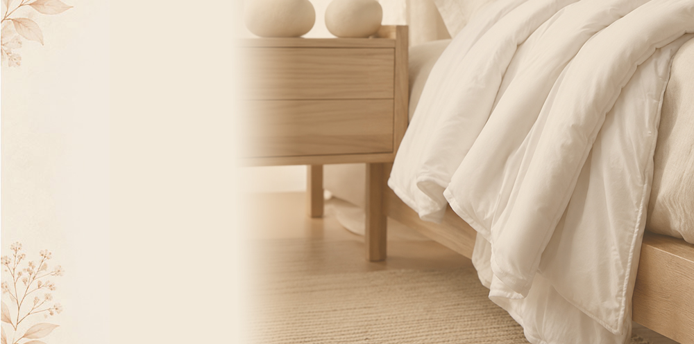 a white wool duvet hanging off the side of the bed in a modern bedroom. 