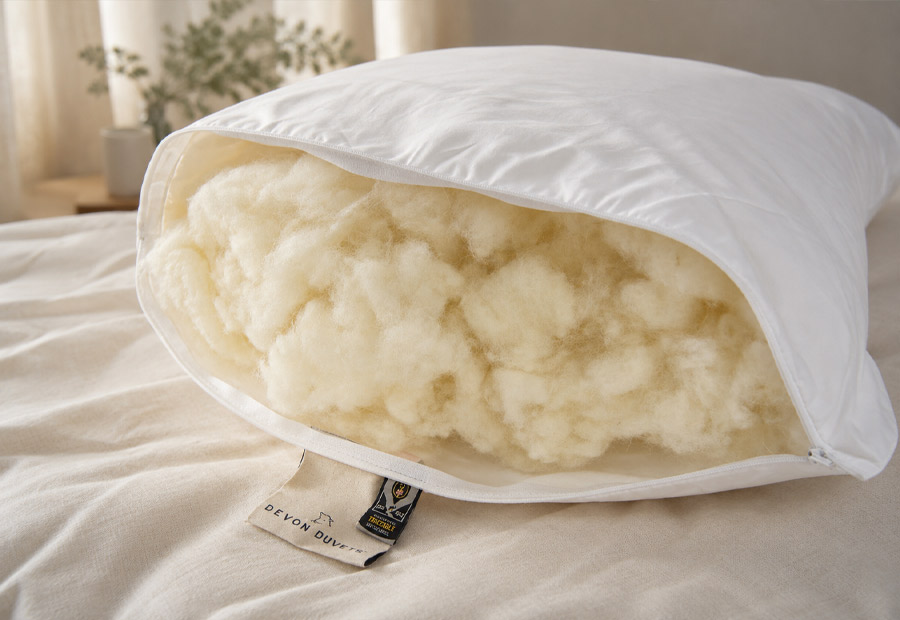 Close-up of breathable British wool fibres used inside a natural pillow.