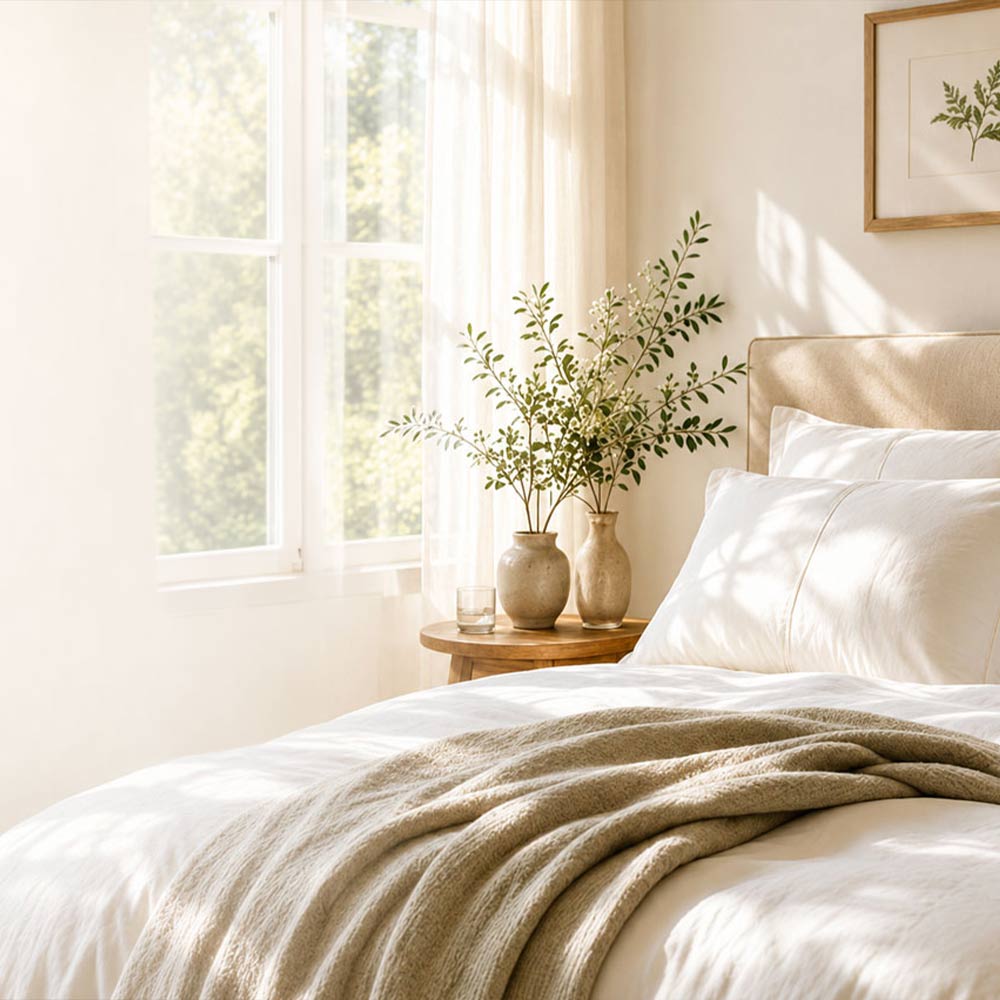 British wool shown alongside cotton and finished handcrafted natural bedding.