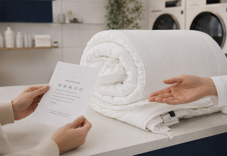 Wool duvet care instructions being checked with a professional laundry service.