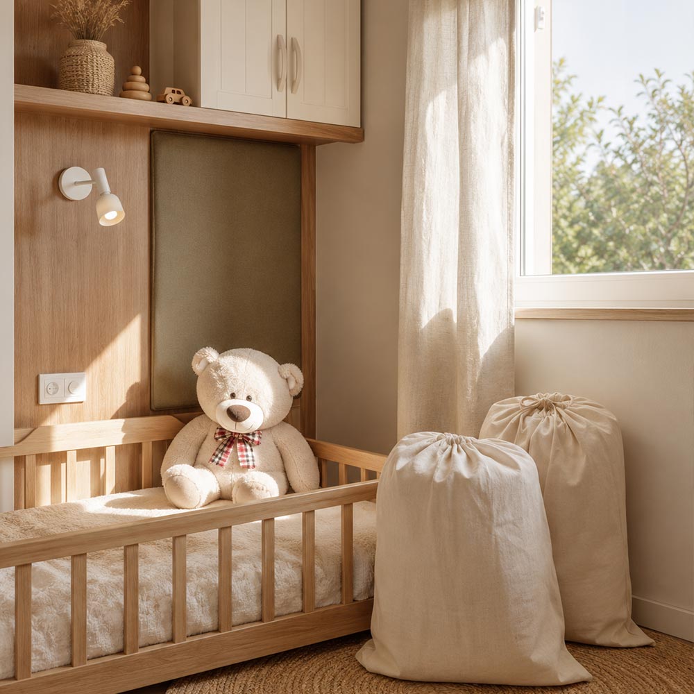 Calm child’s bedroom used as a background for personal bedding advice.