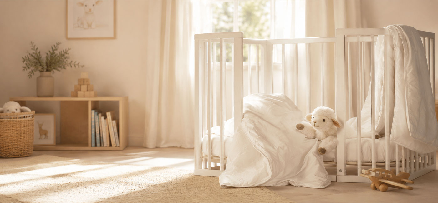 Calm child’s bedroom styled with natural wool bedding and soft neutral colours.