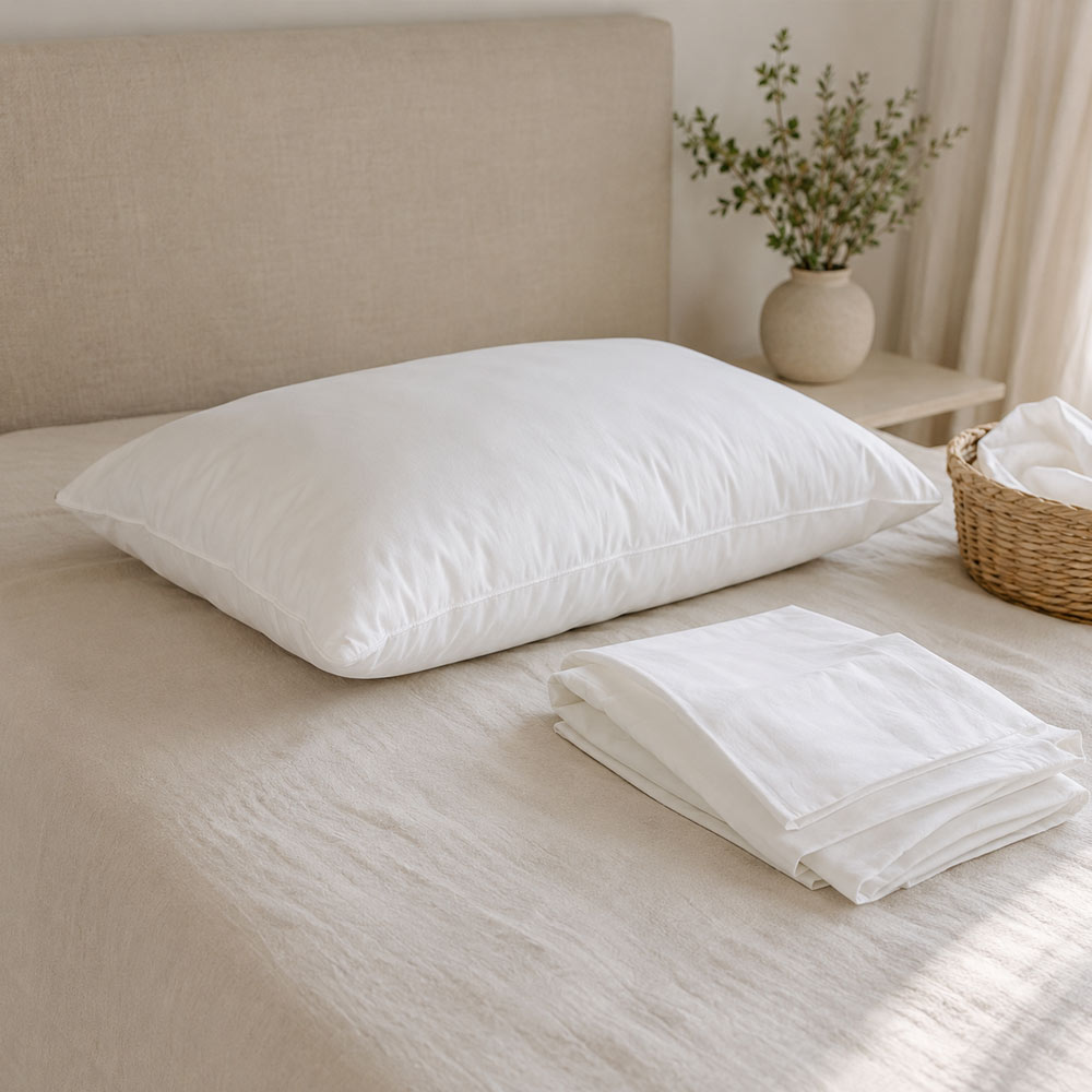 Clean cotton pillowcase and wool pillow arranged for a simple pillow care routine.