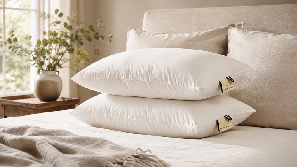 Two Devon Duvets adjustable wool pillows displayed on a naturally styled bed
