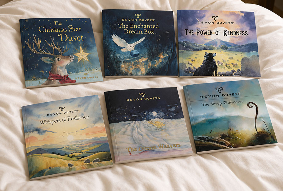 Devon Duvets bedtime storybooks arranged beside a naturally styled child’s bed.