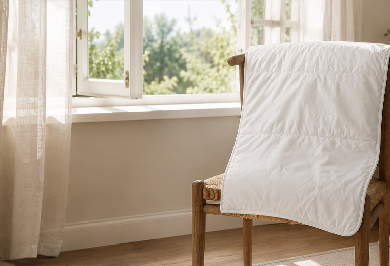 Devon Duvets folding wool pillow unfolded and airing naturally