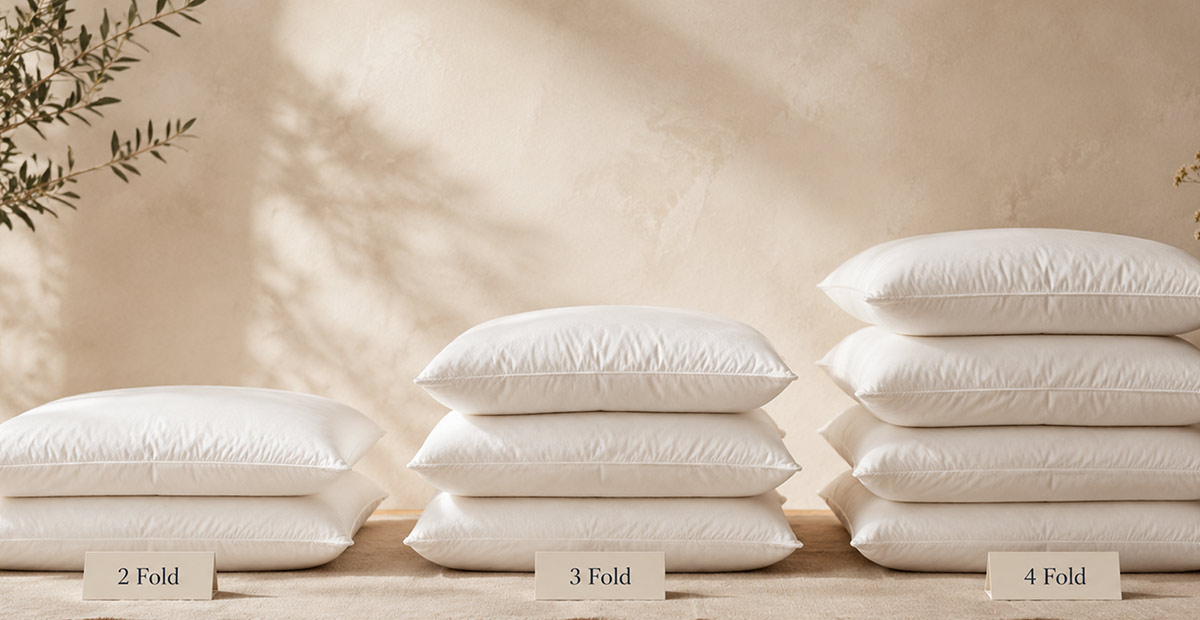 Range of Devon Duvets Folding Wool Pillows showing 2 Fold 3 Fold and 4 Fold options.
