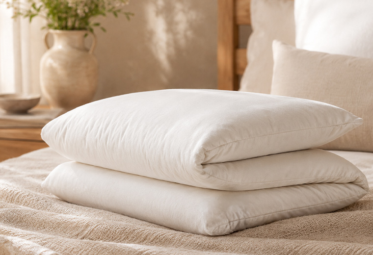 4 Fold Wool Pillow styled with a fuller shape and supportive neck roll.