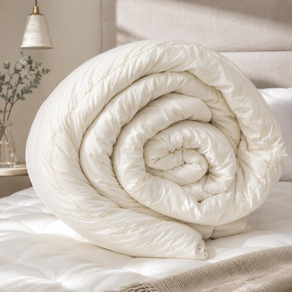 Freshly aired wool duvet returned to a naturally styled bed.