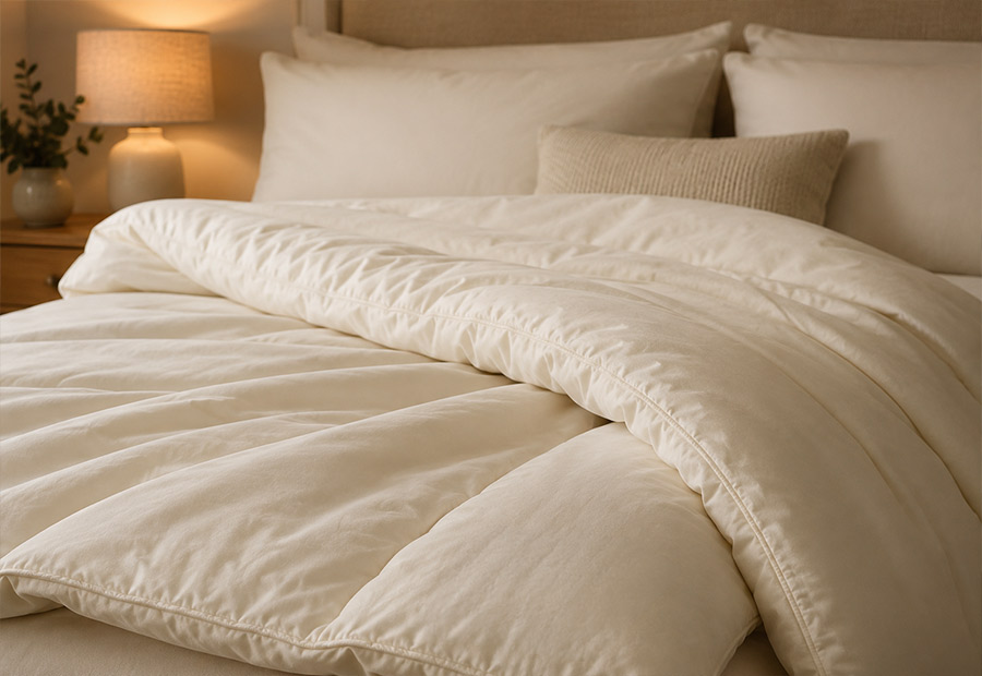 Hands gently reshaping a wool duvet after washing.