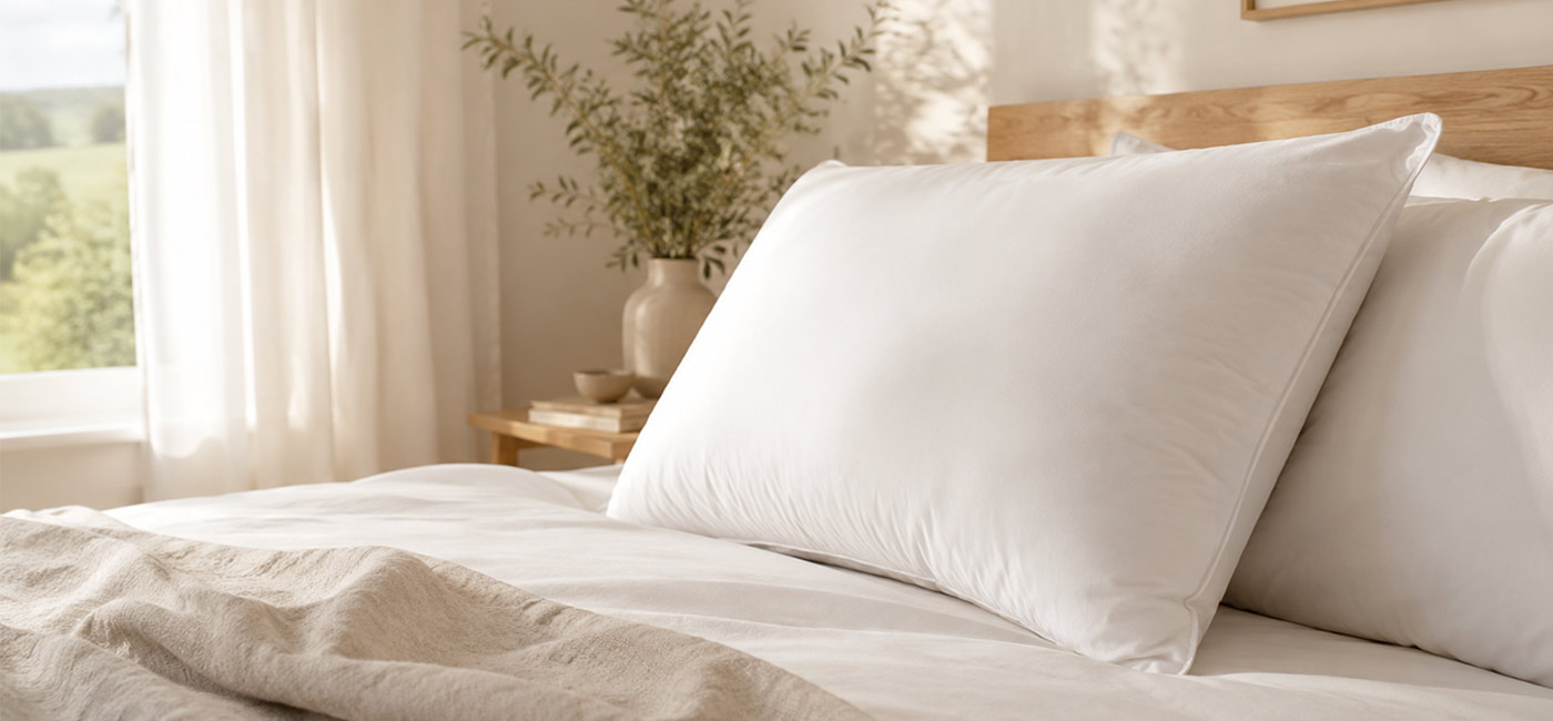 Fresh white wool pillow on natural bed linen in soft morning light.