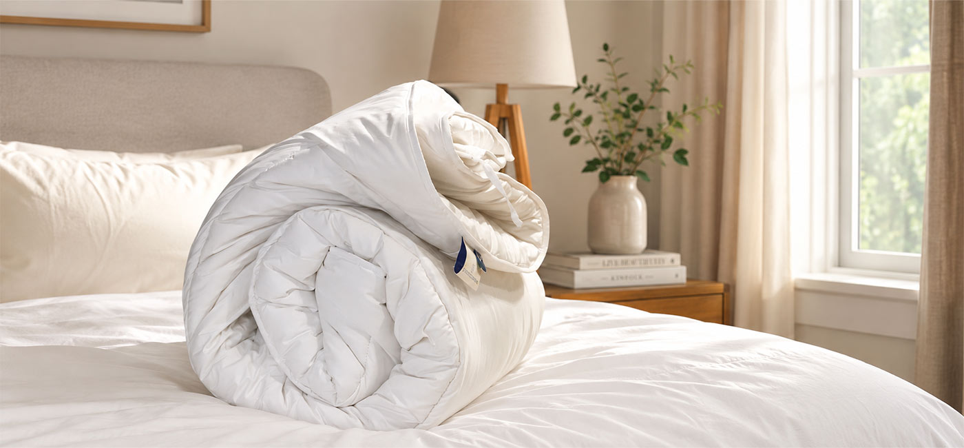 Fresh wool duvet on a naturally styled bed beside an open window.