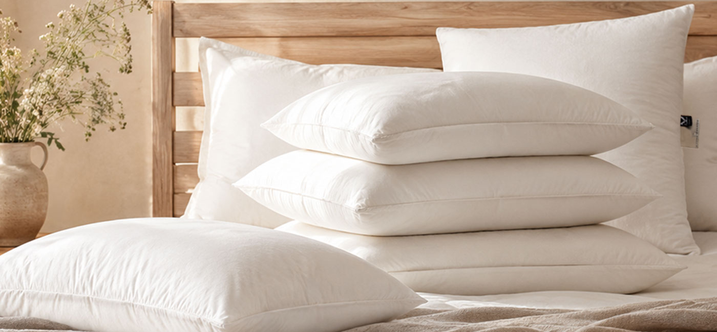 Natural bed styled with Devon Duvets wool pillows in soft morning light for a pillow choosing guide.