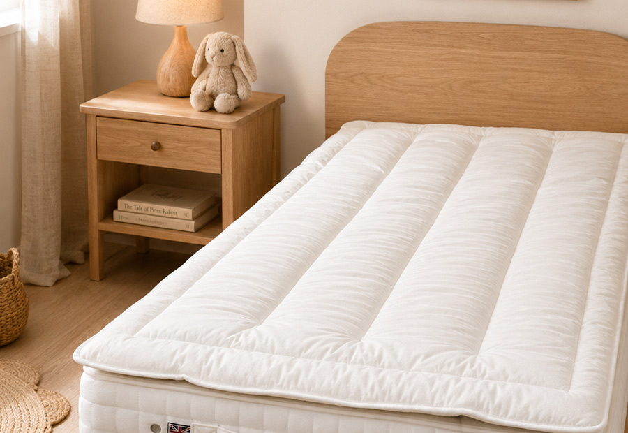 Devon Duvets British wool mattress topper arranged on a neatly prepared guest bed
