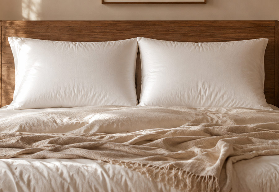 King size Devon Duvets wool pillows arranged on a large naturally styled bed